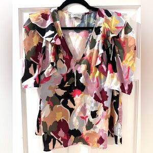 Crosby Stella Boutique Silk Satin Floral Pattern Ruffle Sleeve Blouse
